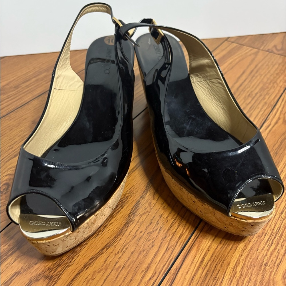 Jimmy Choo Praise Black Patent Leather Wedge Sandals EU Size 40